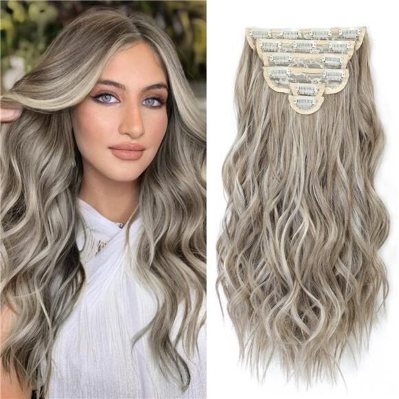 Hair Extensions Clip ins, 6 PCS Wavy Extensions, Light Gray&Ash Blonde&Light